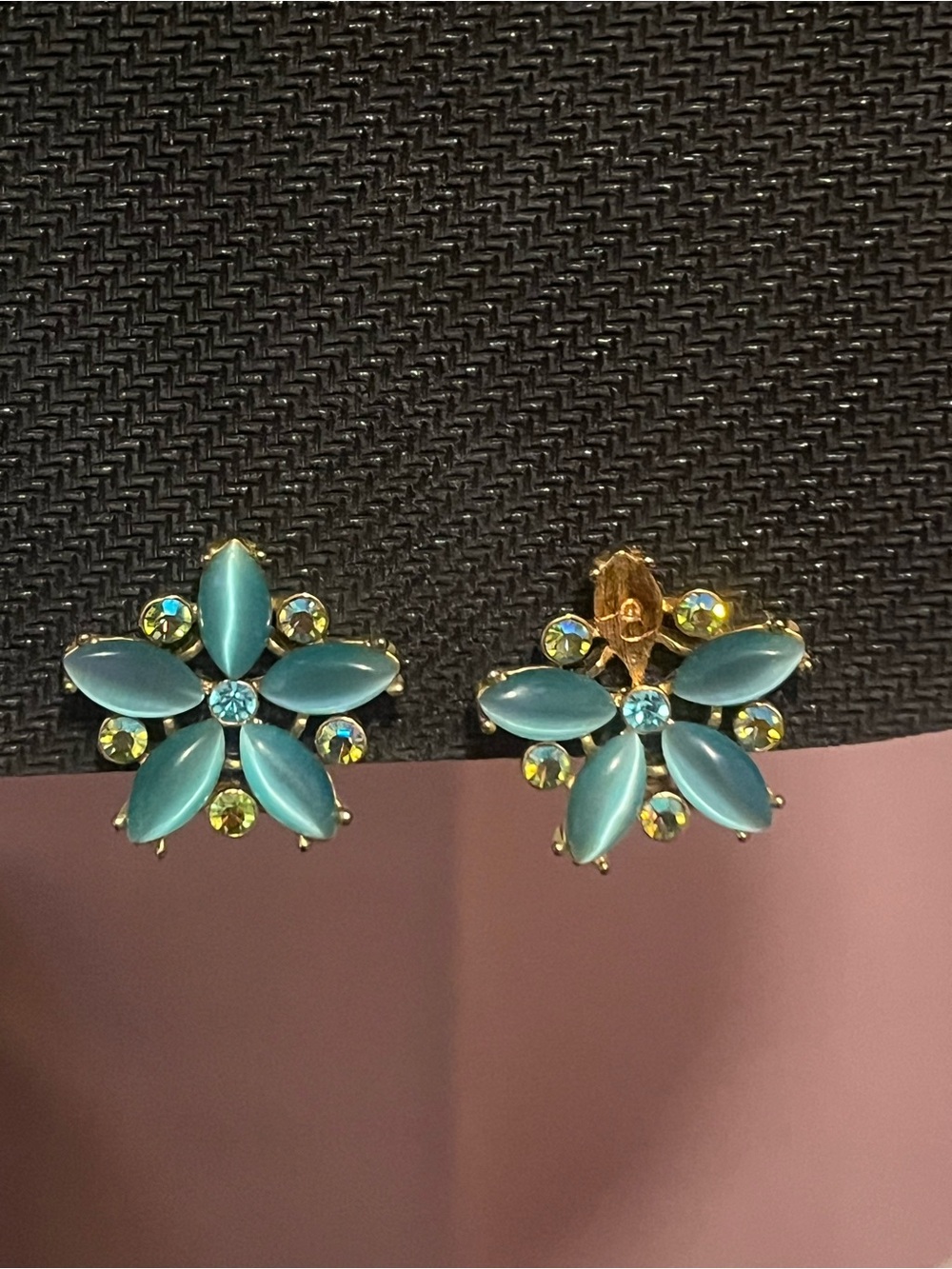 Vintage Blue Crystal Flower Gold-Tone Clip-On Earrings